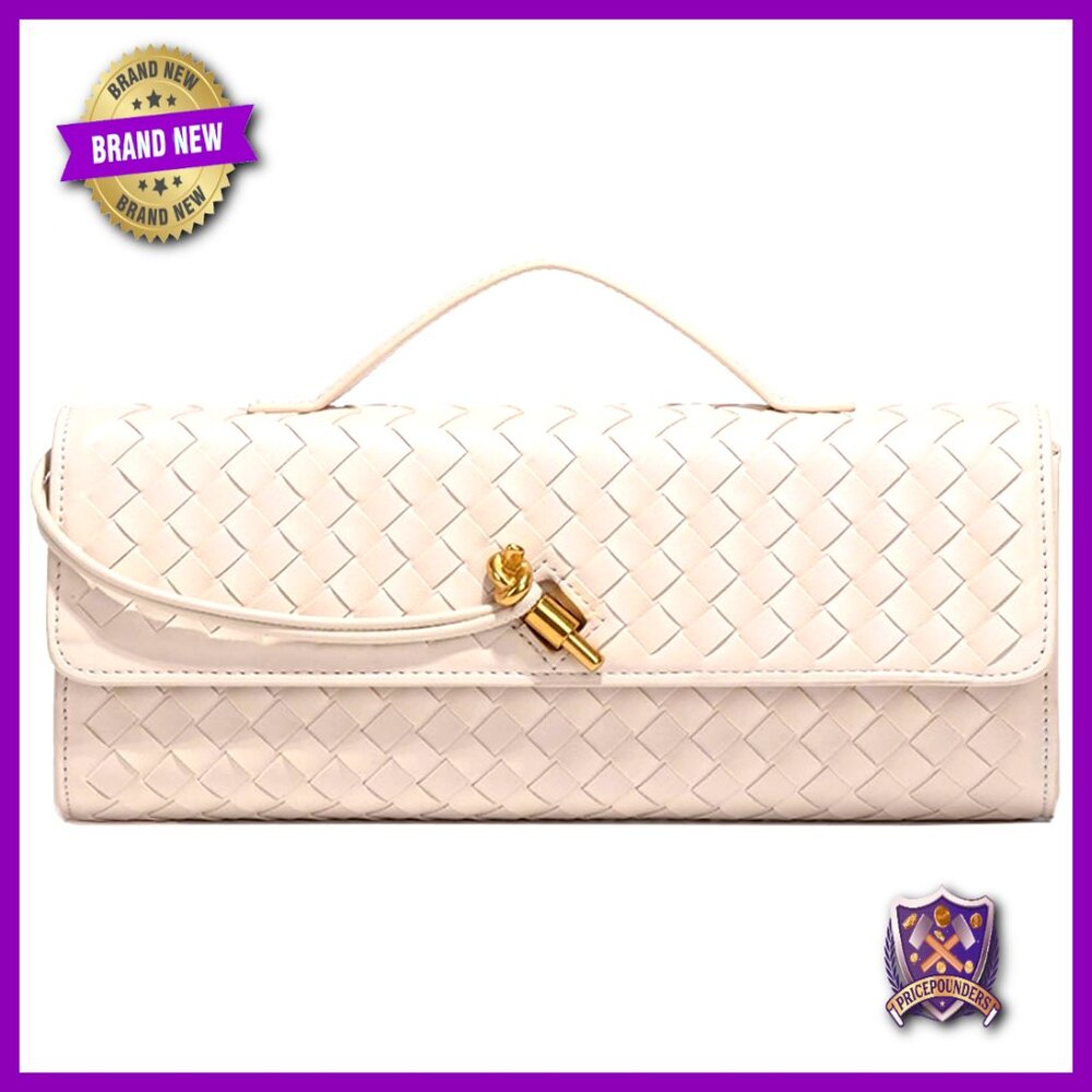 Woven Leather Clutch Purse Detachable Chain Crossbody Evening Bag Elegant